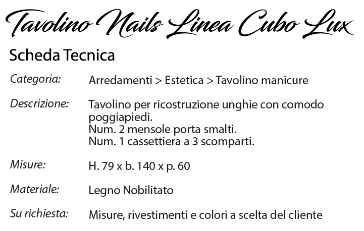 scheda tecnica tavolino manicure cubolux